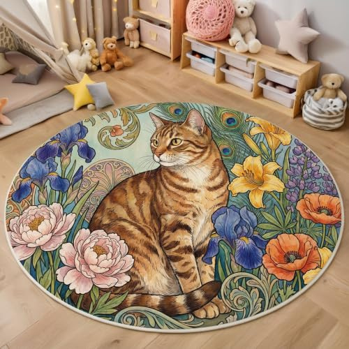 MIATCENRT Rund Teppiche Wohnzimmer Groß 80cm, Aquarelltiere Blumen Getigerte Katze Muster Flauschiger Bettvorleger, Weich rutschfest Rundteppich Kuschelig für Schlafzimmer Kamin, Olivgrün