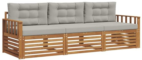 mtlskopl Lounge Gartenmöbel-Set Akazie Massivholz, 3-Sitzer Outdoor Sofa mit Polster Grau, Modulare Eckcouch für Balkon Terrasse und Garten
