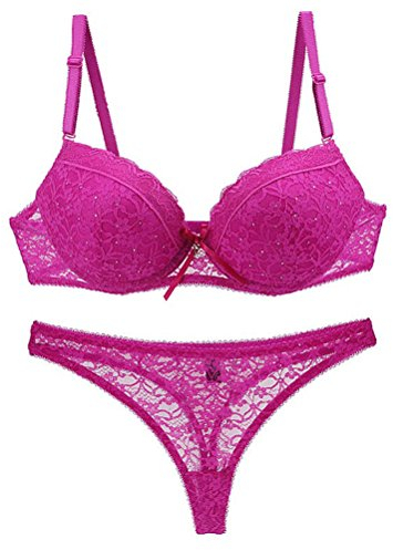 BESTOYARD Damen Spitzen Push up BH Set, sexy Lace Bra und Slip mit Strass Dekor für Frauen 80B (Rose Rot)