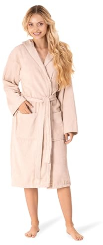 Twinzen Peignoir de Bain Femme - S - Beige - 100% Coton avec Capuche - Certifié OEKO-TEX® - Robe de Chambre Eponge 2 Poches, Ceinture - Doux, Absorbant et Confort
