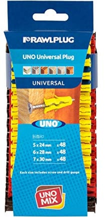 Rawlplug Uno Universal Wall Plugs Set 6, 7, 8 mm | Rawl Plugs for Plasterboard, Masonry, Brick, Concrete | Solid Wall Plug Anti Rotation Features | Plasterboard Fixings Plug Pack of 144,Multicolour