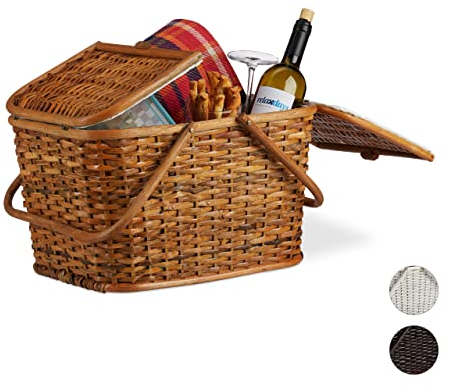 Relaxdays Cestino da Picnic con Coperchio, Intrecciato, Fodera in Tessuto, Manici, Cesto per Spesa, Fatto A Mano, Rattan, Miele