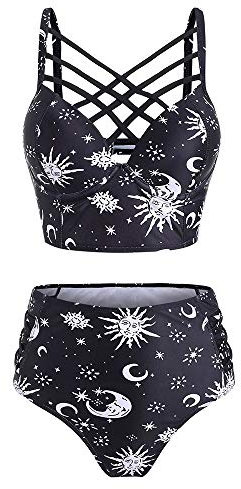 JMSUN Maillot de bain d'été pour femme à motif de soleil, étoile et lune, avec bretelles croisées en treillis dans le dos, bas taille haute, tankini, noir, Taille M