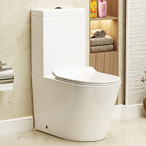 Cesar Ceramic Short Projection Rimless Close Coupled Toilet Round Pan Gloss White with Dual Flush Cistern & Quick Release Slim Soft Close Seat Bathroom