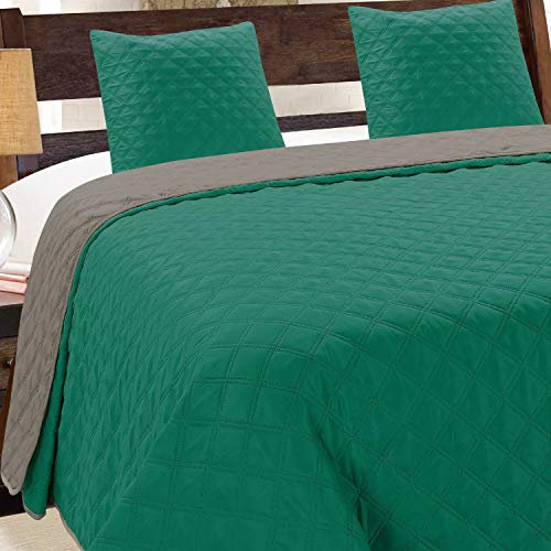Euromat Tagesdecke Steppdecke Bettüberwurf Gesteppte Zweiseitig Tagesdecke mit 2 Kissenbezüge 40x40 cm- (Grün Emerald Grau Graphit- 13, 220x240 cm)