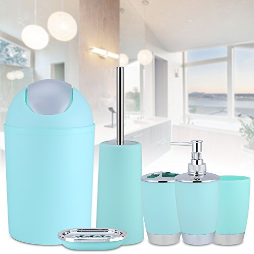 AYNEFY 6tlg Badezimmer Zubeh?r Set,Badset Accessoires Chrom mit Seifenspender Lotionsflaschen Zahnputzbecher Zahnb¨¹rstenhalter Seifenschale Toilettenb¨¹rstenhalter M¨¹lleimer (Hellblau)