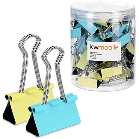 kwmobile 50x Foldback Klammern Set - 50x 32mm - Vielzweckklammer Büro Dokumenten Clips - Metall Maul Klammer Klemmen in Gelb Mintgrün