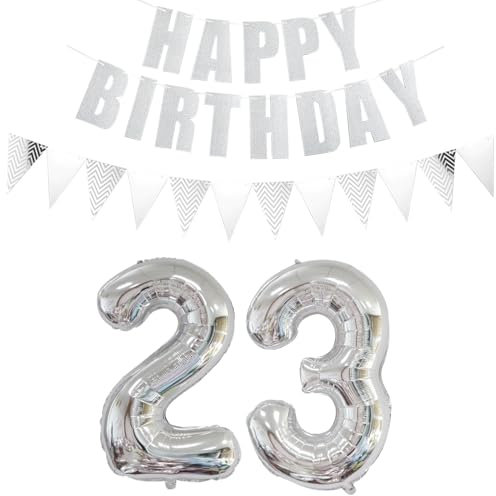 Luftballons Zahl 23 Silber + Happy Birthday Girlande + banner Folienballon 23.Geburtstags deko frau mann ballons 23 Jahre Geburtstag deko frauen Zahlenballon 23 Geburtstag dekoration Männer frau(23)