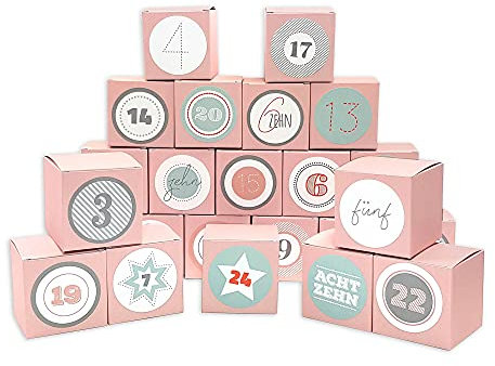 Frau WUNDERVoll® DIY Adventskalender Vorfreude zum Befüllen, 24 Faltschachteln rosa 7(L) x7(B) x7(H) cm (gefaltet), XL Ziffern pastell/Weihnachten, Aufkleber, Würfelbox, Faltverpackung, Schachteln