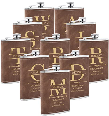 10 Stück Flachmann mit Gravur, Edelstahl Hip Flask Personalisiert mit Eigenem Text für Trauzeugen Geschenk, Personalisierte Geschenke für Junggesellenabschied und Hochzeit (Braun)