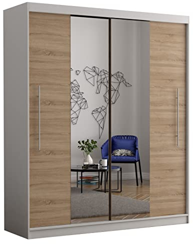 Fabryka Mebli Idźczak Kleiderschrank mit Spiegel, Wohnzimmerschrank - Weiß, Sonoma Schwebetürenschrank, Schlafzimmerschrank - 58 x 204 x 218 cm - Schrank für Schlafzimmer, Wohnzimmer, Garderobe
