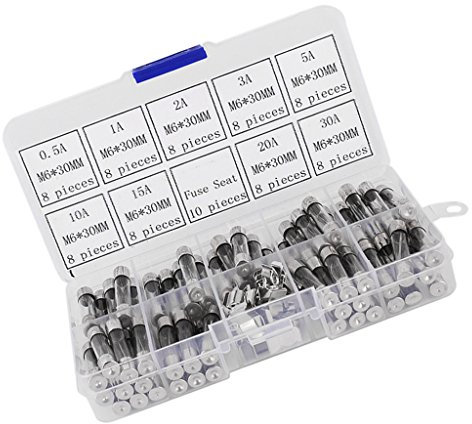 Fasizi Fusibili in vetro a soffiaggio rapido da 6 x 30 mm, kit assortito di amplificatori 0.5A, 1A, 2A, 3A, 5A, 10A, 15A, 20A, 30A e 10 fusibili - 72 pezzi