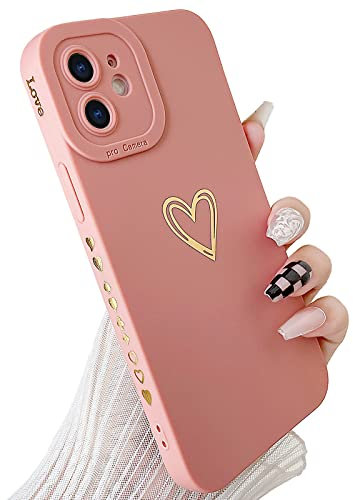 SmoBea Compatible with iphone 12 Mini Case, Cute Gold Heart Pattern Phone Case with Side Small Love Pattern for Women Girls Silicone Protective Shockproof Phone Case (pink)