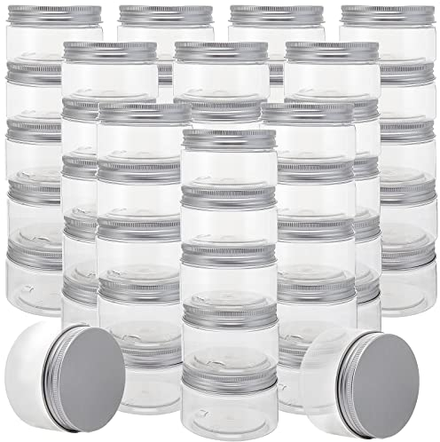 MUKLEI 50 tarros cosméticos de plástico transparente de 30 ml con tapa de aluminio, mini tarro de muestra de plástico, recipientes de almacenamiento de boca ancha, artesanías pequeñas, 32 mmx50 mm