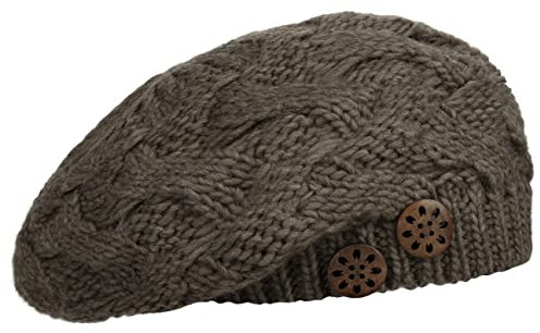 LIERYS Jil Strickbaske mit Knöpfen - Strickmütze mit Schurwolle - Damenmütze Made in Germany - Französische Damenbaske - One Size 54-59 cm - Strickbaske Herbst/Winter - Mütze beige One Size