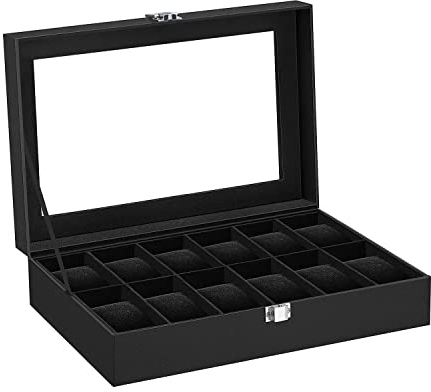 INTIRILIFE Uhrenschatulle mit 12 Steckplätzen Uhrenbox mit Glasdeckel in Schwarz - 30 x 20 x 8 cm - Präsentiervitrine zum Aufbewahren Transportieren und Vorführen von Uhren und Schmuck