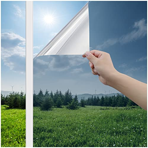 Haton One Way Clear Window Film Privacy for Glass Windows, Heat Reflective Mirror Tint Film Anti Glare and UV, Static Cling Sticker See Out Not In for Home Office, Silver 60x200cm