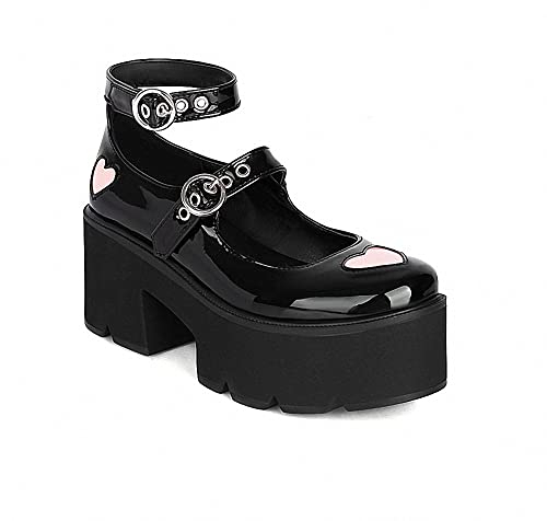 Damen Plattform Mary Janes Herz Katze Schnalle Nieten Knöchel Lolita Gothic Prinzessin Plattform Pumps Lackleder Dorn Vintage Traditionelle Stickerei Oberkleid Schuhe 36 EU