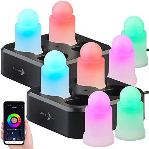 Lunartec LED-Kerzen Ladestaion: 8er-Set wetterfeste LED-RGBWW-Kerzen mit Akku und Ladeschale, App (Aufladbare LED Kerzen-Sets, Elektrische Kerzen mit Ladestation, Echtwachskerzen)