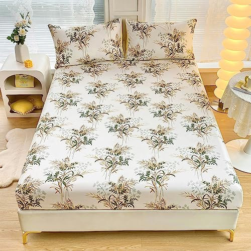 Chickwin Fitted Sheets Bedding Sheets, Flowers Plant Print Double King Single Size Bed for Deep Pocket 30cm - Shrinkage Fade Resistant Easy Care (King,Grass)