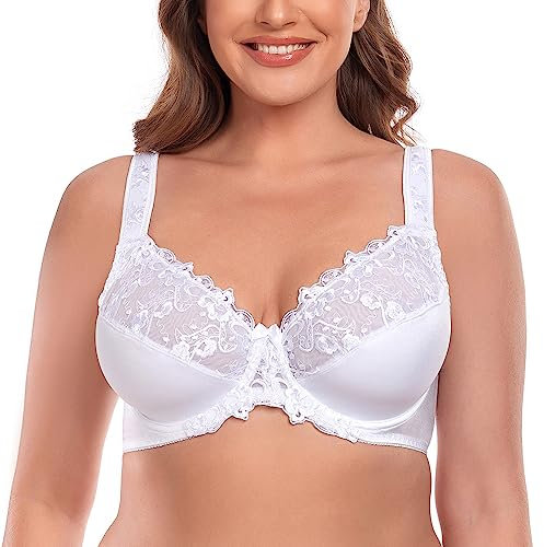 Ayigedu Women's Full Coverage Minimiser Bra Floral Lace Non Padded Plus Size Underwired Bra 36D White