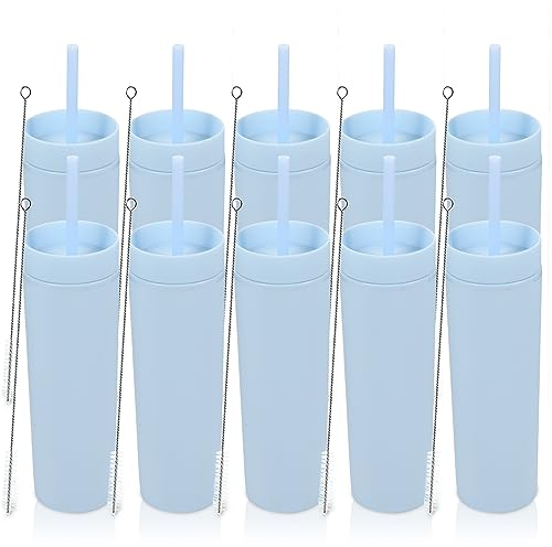 Volhoply 480ml Mug en plastique avec couvercle et paille Bulk 4 Pack, Isolé Double Paroi Bpa Free Matte Acrylique Gobelets, Café glacé Voyage Gobelets Party Cup,Cadeaux Diy(Bleu,10 Set)
