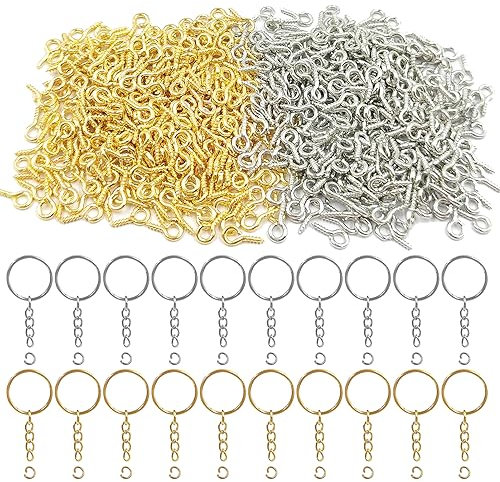 600 Pcs Small Screw Eye Pins, with 20 Pcs 1 Inch Key Ring with Chain and Open Jump, Eye pins Hooks, Eyelets Screw Mini Self Tapping Eye Screw Threaded Clasps for Jewelry Making, 4 x 8mm, 2 Colors