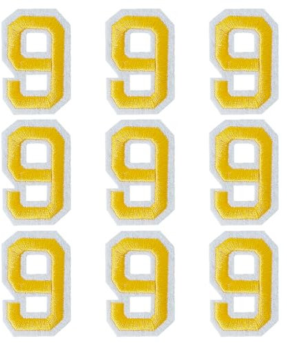 GYGYL Iron on Number Patches, 9Pcs of 2 Inch Yellow Number 9 Patches, Embroidered Number Patch for Clothes, Dress, Hat, Socks, Jeans, DIY Accessories