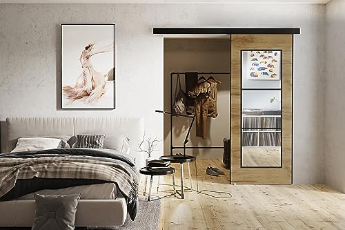 KIER FURNITURE TORI Schiebetür - Schiebetür Komplettset Schiene Komplettset Mit Tür – Zimmertüren Mit Zarge Komplett - B96xH205xT1,6 cm - Eiche Craft Gold