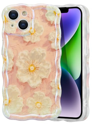 EYZUTAK Case for iPhone 15, Colorful Retro Oil Painting Flower, Light Pink | Laser Glossy Floral Pattern, Cute Curly Wave Edge, Exquisite Phone Cover, Stylish Durable TPU Protective Case for Girl Women