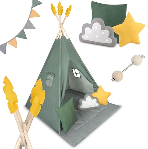Nukido, Teepee Kids Tent Green with Garland, Cushions, Large Mat, stabilizer