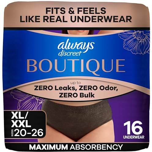 Always Discreet Boutique Inkontinenz- und Postpartum-Unterwäsche für Damen, maximaler Schutz, XL, Schwarz, 16 Stück