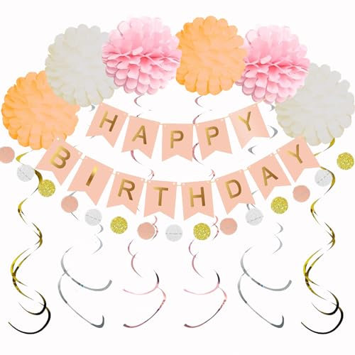 Birthday Decorations for Girls Women, Hyballustw Pink Birthday Decor with Happy Birthday Banner, Circle Dots Garland , 6pcs Tissue Pompoms,6pcs Hanging Swirls, Rose Gold Birthday Party Set