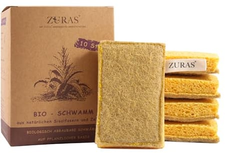 ZURAS® - 10 kratzfreie biologische Reinigungsschwämme aus Sisalfasern, Veganer Putzschwamm, Scheuerschwamm zum Reinigen von Geschirr, Oberflächen, Küche, Bad, Outdoor