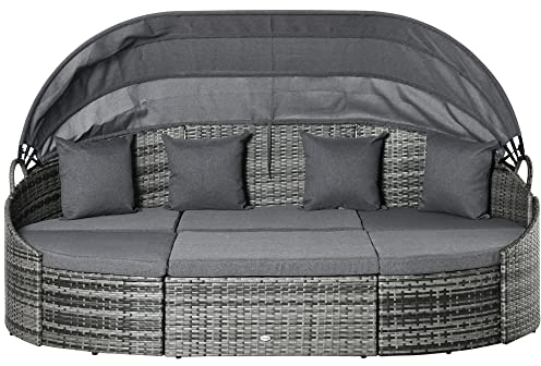 Outsunny 4-teilige Rattan Sonneninsel Sitzgruppe Liegeinsel mit Sonnendach, 4 Kissen für Garten, Balkon Metall Grau 230 x 145 x 80 cm