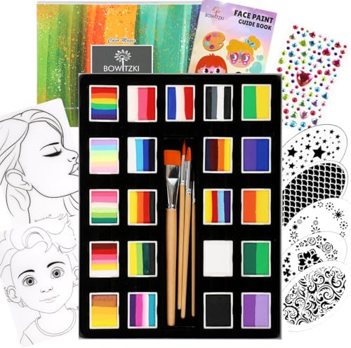 Bowitzki Set di 21 colori Split Cake Face Paint Kit Professional Face Painting Kit Kids Adults 10g One Stroke Stencil Brush Practice Board Guide Book Non Toxic Rainbow Body Makeup Halloween Christmas