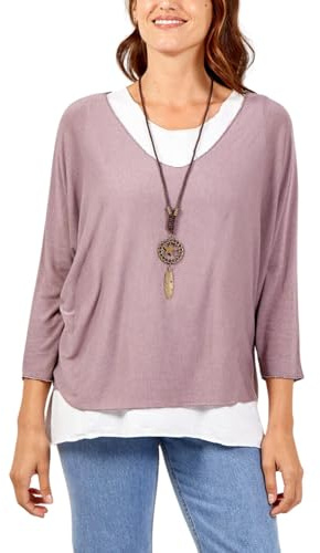 STAR FASHION Italian Fine Knit Double Layer Top for Womens Oversized Long Sleeve Layered Blouse with Necklace Ladies Glitter Trim 2 in 1 Necklace Top One Size
