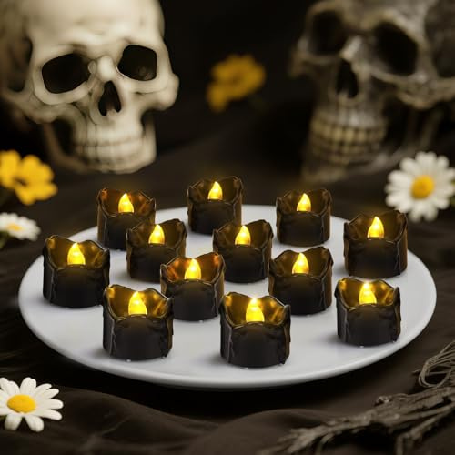 12 Stück LED Teelichter Schwarz, Led Kerzen Flackernde Flamme, Tropfendem Wachs Licht Elektrisch Flammenlose für Weihnachten Halloween Party Dekoration A15-1