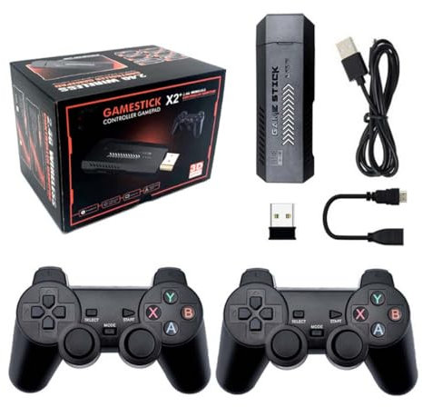 X2 Plus 4K Retro Game Stick, console per videogiochi HD con 2 controller wireless, uscita HDMI, oltre 30000 giochi integrati (64 GB)