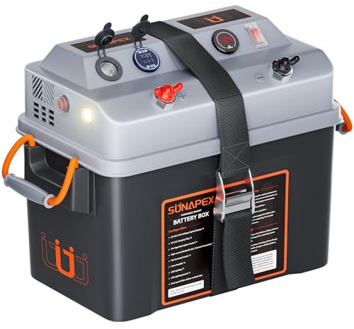 SUNAPEX Smart Battery Box 12V/24V Power Center - Multi Ports & Circuit Breaker for Trolling Motor, Marine,RV & Solar Panel (No Battery)