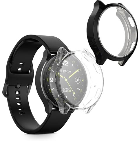 kwmobile Carcasa Compatible con Xiaomi Watch 2 Funda - 2X Protector Pantalla Completo - Ultrafino y antigolpes - Negro/Transparente
