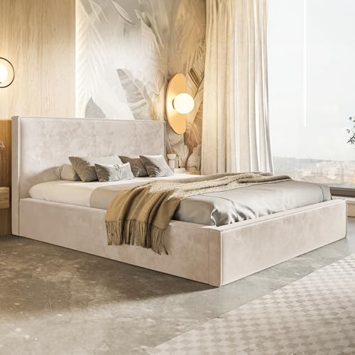 MOTIVENA Boho Polsterbett 160x200 mit Bettkasten, mit Stauraum, Bett Kopfteil Samt, ohne Matratze, Bett Samt, Beige Creme