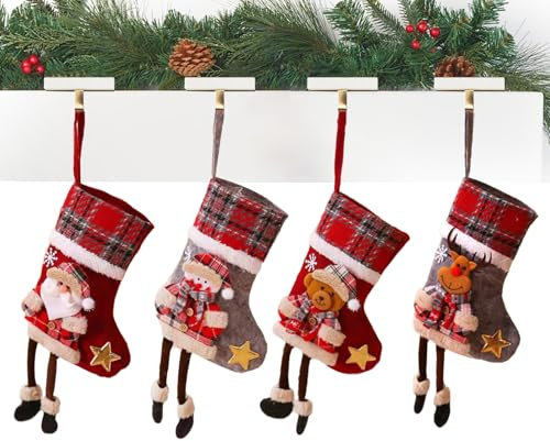 Nikolausstrumpf, Weihnachtsstrumpf 4er Set, Nikolausstiefel zum Befüllen, Weihnachtssocken Kamin zum Aufhängen, Nikolaus Stiefel, Weihnachtsdekoration für Kamin, Weihnachtsbaum, Wand, Treppe（A）