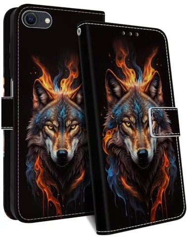 HopMore Handyhülle für iPhone SE 2020 / iPhone SE 2022 5G / iPhone 7 / iPhone 8 Hülle, Premium PU Leder Klappbar Klapphülle Kartenfach Schutzhülle, Stoßfeste Case Tasche mit Motiv Handytasche, Wolf B