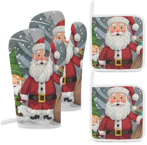 Lot de 4 gants de cuisine et maniques résistants à la chaleur - Gants de cuisine et maniques de Noël - Nain traditionnel - Gants de cuisine pour barbecue