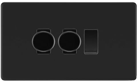 BG Screwless Flatplate Matt Black 3 Gang Grid Switch 2x Trailing Edge LED Dimmer 1x 2 Way