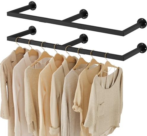 Yawinhe Tringle à Vêtements Industriel en Tuyaux, Porte Manteau Mural 110cm, Penderie Murale Rail, Amovible, pour Buanderie, Chambre à Coucher, Noir, 2-Pack, SYJ110B-2