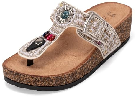 JOMIX Mules Femmes Compensés été Tongs avec Strass Sandales Femme Bohème Confortables pour Piscine Plage Mer (Blanc, 39)