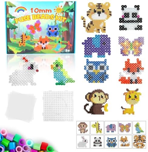 Große 10mm Bügelperlen Set, 1000 Stück XL Steckperlen mit Steckplatte, 12 Bunte Farben XL Bügelperlen, 10 Tiere Muster und Bügelpapier, Kreatives Perlenset für Kinder ab 3 Jahren