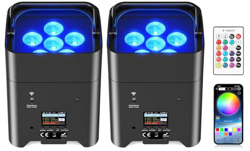 Oloaxolx 2PCS Bateria Foco Par Led 6x18W RGBWA+UV Luces Escenario,batería para Exteriores, Recargables con Mando a Distancia,9600 mAh/APP/DMX512 Luces LED dj para Bodas DJ Iglesia Baile de Navidad